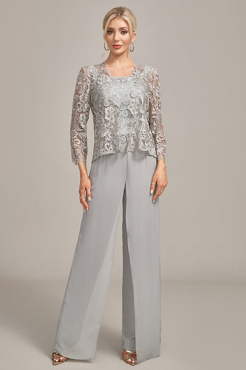 Load image into Gallery viewer, Silver Chiffon Pant and Lace Top Mother of The Bride Wide Pant Suits