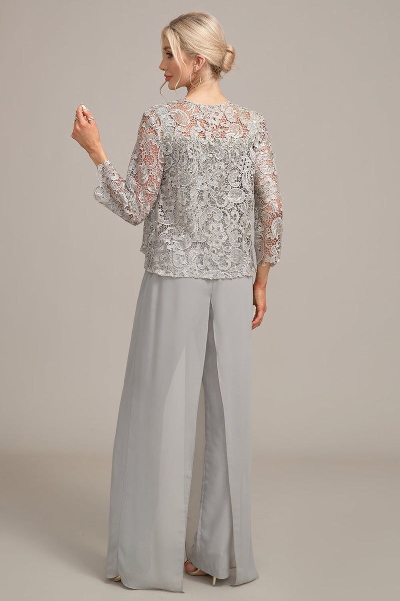 Load image into Gallery viewer, Silver Chiffon Pant and Lace Top Mother of The Bride Wide Pant Suits