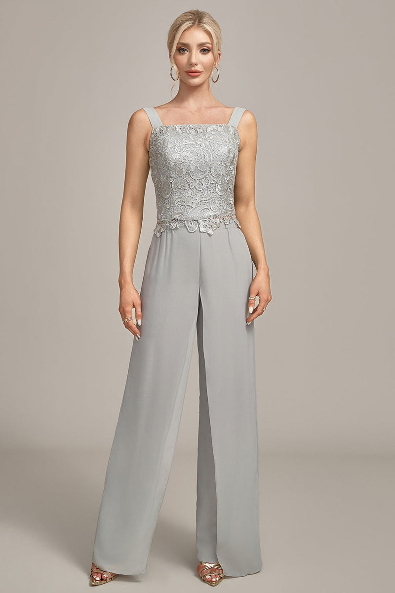 Load image into Gallery viewer, Silver Chiffon Pant and Lace Top Mother of The Bride Wide Pant Suits