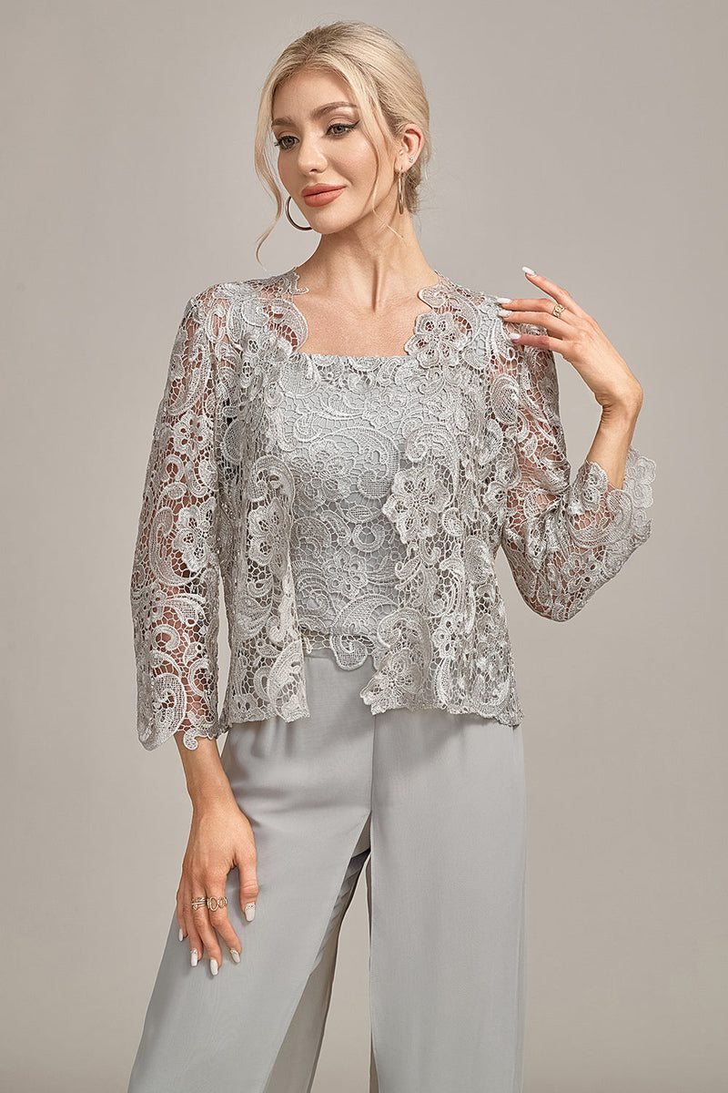 Load image into Gallery viewer, Silver Chiffon Pant and Lace Top Mother of The Bride Wide Pant Suits