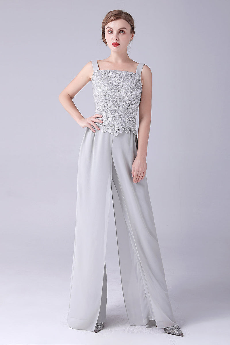 Load image into Gallery viewer, Silver Chiffon Pant and Lace Top Mother of The Bride Pant Suits