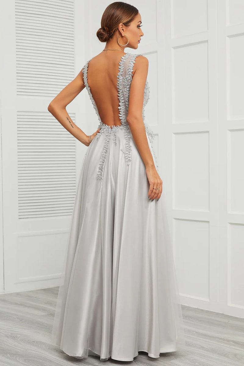 Load image into Gallery viewer, Grey Open Back Long Prom Dress with Appliques