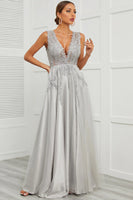 Load image into Gallery viewer, Grey Open Back Long Prom Dress with Appliques