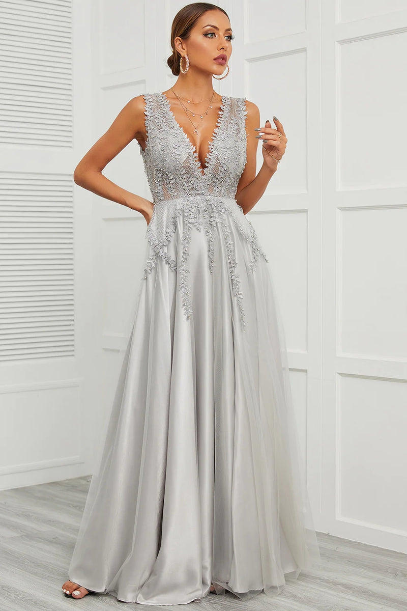 Load image into Gallery viewer, Grey Open Back Long Prom Dress with Appliques