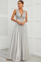 Load image into Gallery viewer, Grey Open Back Long Prom Dress with Appliques