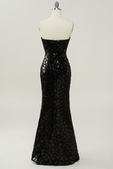 Black Sheath Strapless Sequin Prom Dress with Slit