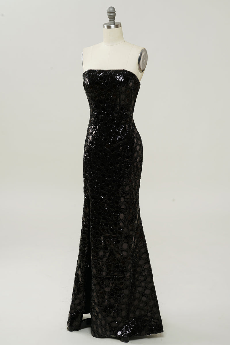Hellymoon Women Sequin Prom Dress Glitter Black Sheath Strapless Party