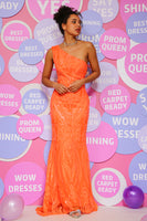 Load image into Gallery viewer, Orange One Shoulder Mermaid Sparkly Prom Dress with Sequins