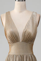 Load image into Gallery viewer, Glitter V-Neck Golden Prom Dress with Slit