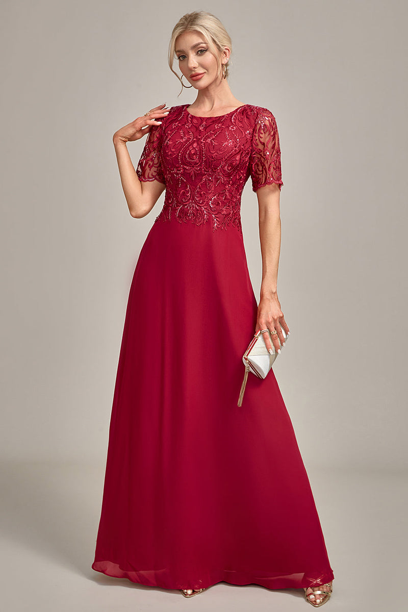 Load image into Gallery viewer, Burgundy A Line Round Neck Sequin Mother of Bride Dress With Appliques