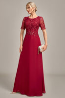 Load image into Gallery viewer, Burgundy A Line Round Neck Sequin Mother of Bride Dress With Appliques