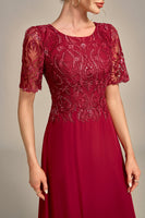 Load image into Gallery viewer, Burgundy A Line Round Neck Sequin Mother of Bride Dress With Appliques