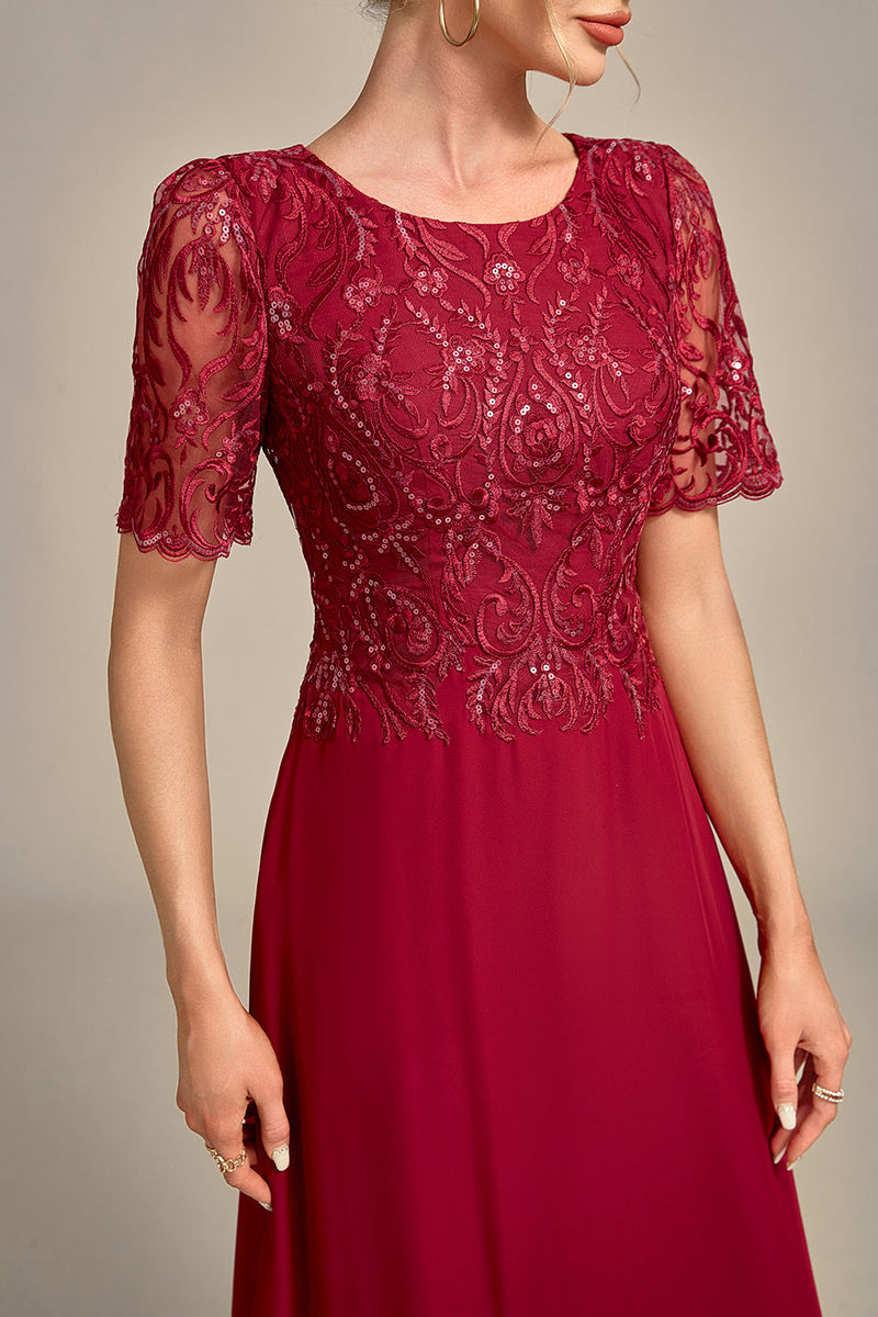 Load image into Gallery viewer, Burgundy A Line Round Neck Sequin Mother of Bride Dress With Appliques