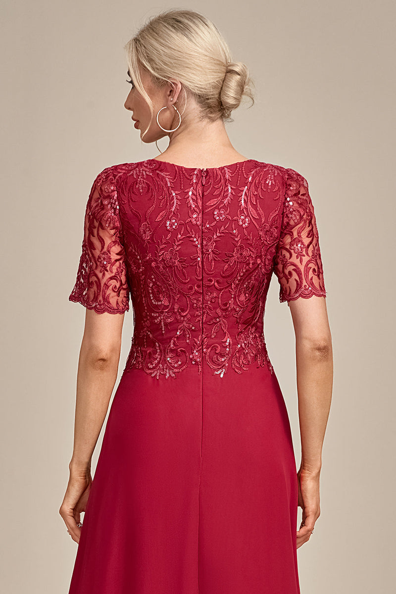 Load image into Gallery viewer, Burgundy A Line Round Neck Sequin Mother of Bride Dress With Appliques
