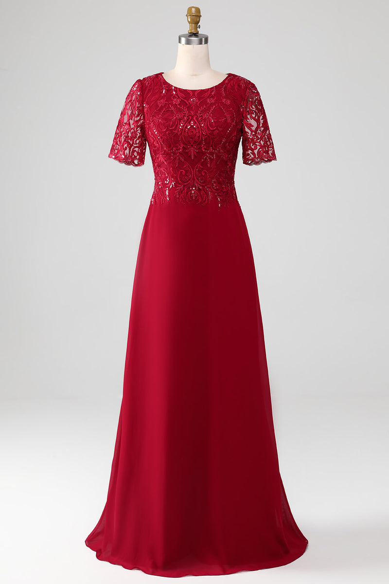 Load image into Gallery viewer, Burgundy A Line Round Neck Sequin Mother of Bride Dress With Appliques