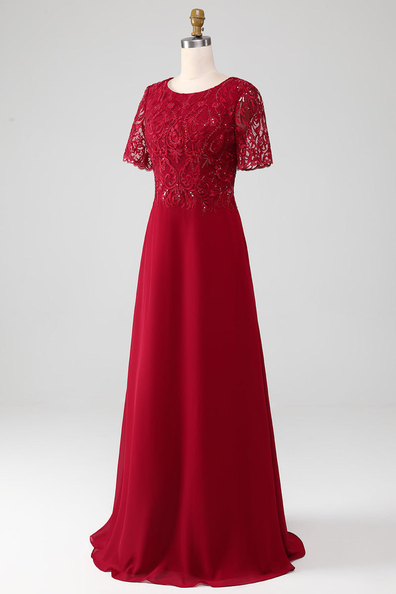 Load image into Gallery viewer, Burgundy A Line Round Neck Sparkly Sequin Mother of Bride Dress With Appliques