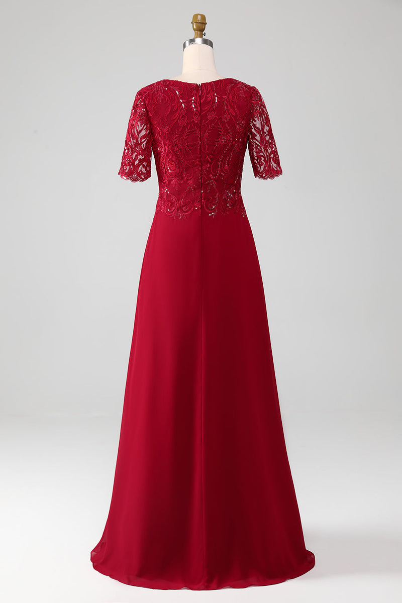 Load image into Gallery viewer, Burgundy A Line Round Neck Sequin Mother of Bride Dress With Appliques