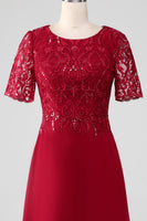 Load image into Gallery viewer, Burgundy A Line Round Neck Sparkly Sequin Mother of Bride Dress With Appliques