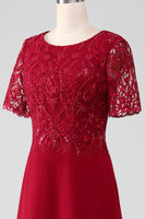 Load image into Gallery viewer, Burgundy A Line Round Neck Sparkly Sequin Mother of Bride Dress With Appliques
