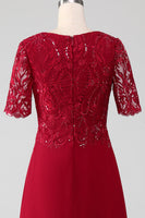 Load image into Gallery viewer, Burgundy A Line Round Neck Sparkly Sequin Mother of Bride Dress With Appliques