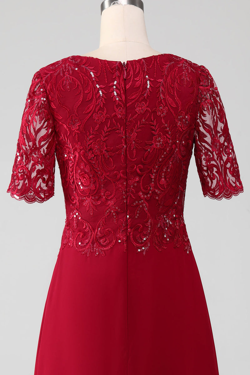 Load image into Gallery viewer, Burgundy A Line Round Neck Sparkly Sequin Mother of Bride Dress With Appliques