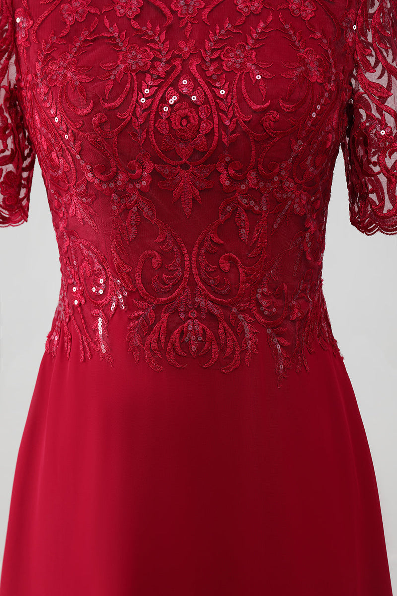Load image into Gallery viewer, Burgundy A Line Round Neck Sparkly Sequin Mother of Bride Dress With Appliques