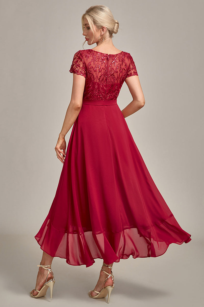 Load image into Gallery viewer, Sparkly Burgundy Asymmetrical Sequin Mother of Bride Dress with Appliques