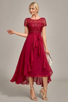 Load image into Gallery viewer, Sparkly Burgundy Asymmetrical Sequin Mother of Bride Dress with Appliques
