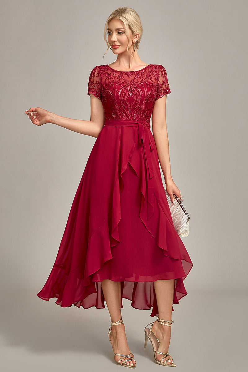 Load image into Gallery viewer, Sparkly Burgundy Asymmetrical Sequin Mother of Bride Dress with Appliques