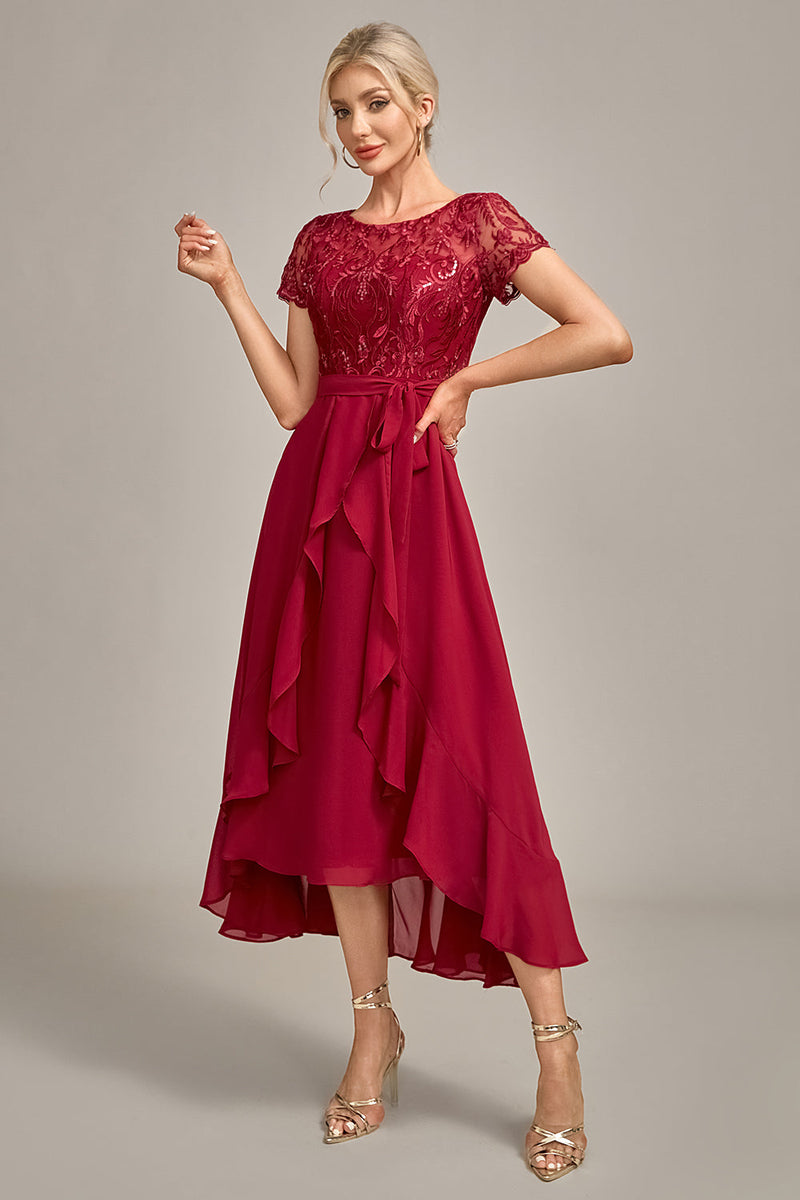 Load image into Gallery viewer, Sparkly Burgundy Asymmetrical Sequin Mother of Bride Dress with Appliques