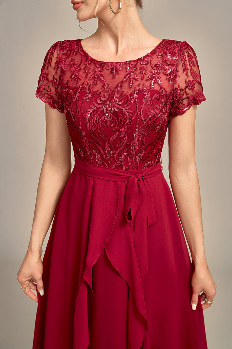 Load image into Gallery viewer, Sparkly Burgundy Asymmetrical Sequin Mother of Bride Dress with Appliques