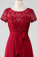Load image into Gallery viewer, Burgundy Asymmetrical Sparkly Sequin Mother of Bride Dress with Appliques
