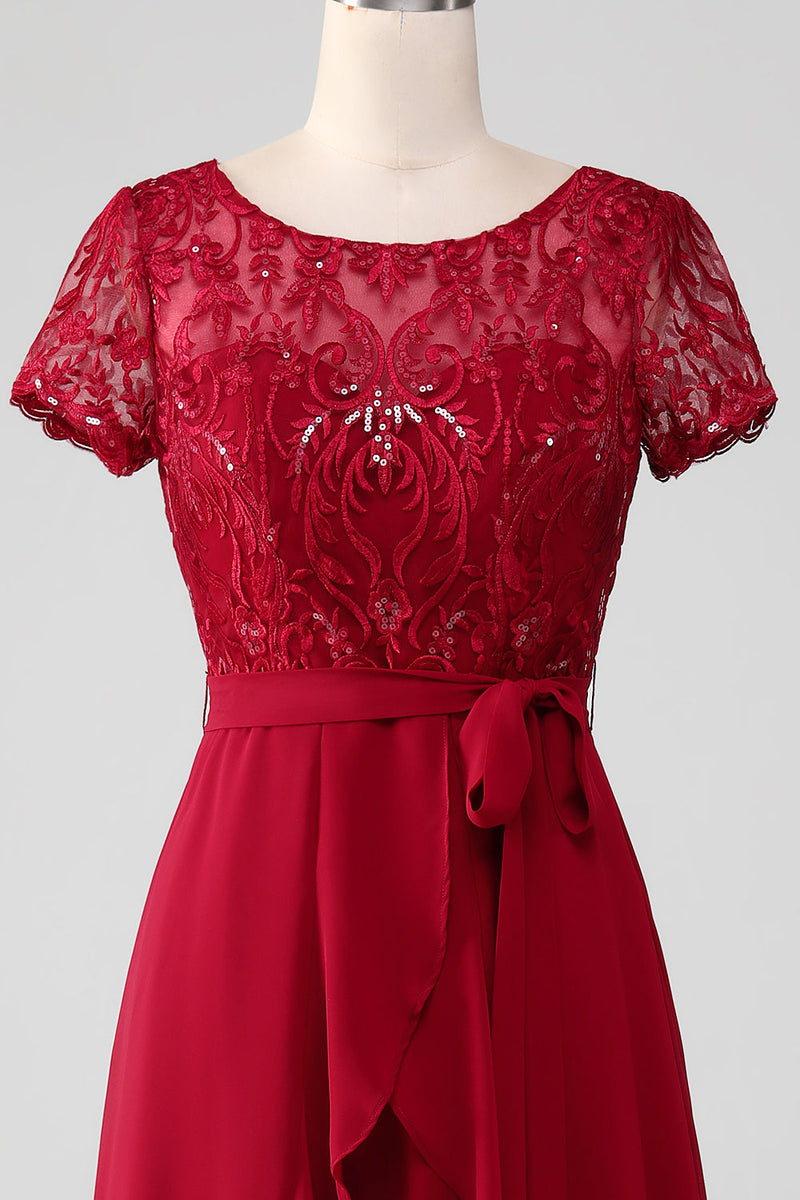 Load image into Gallery viewer, Burgundy Asymmetrical Sparkly Sequin Mother of Bride Dress with Appliques