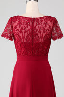 Load image into Gallery viewer, Burgundy Asymmetrical Sparkly Sequin Mother of Bride Dress with Appliques