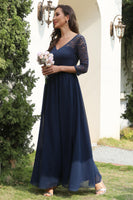 Load image into Gallery viewer, Navy Lace and Chiffon Mother of the Bride Dress