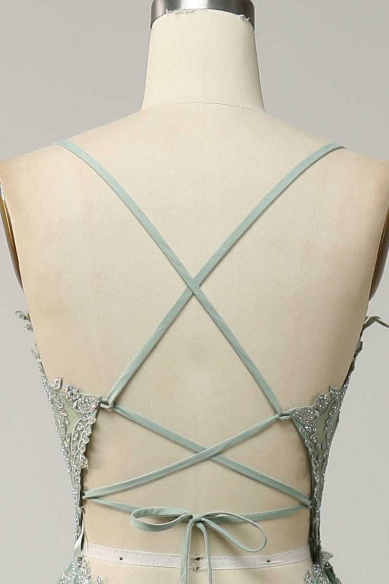 Load image into Gallery viewer, A Line Spaghetti Straps Green Long Prom Dress with Criss Cross Back