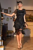 Load image into Gallery viewer, Black Beaded Fringed Sparkly Party Dress with Sequins