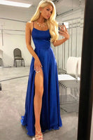 Load image into Gallery viewer, Royal Blue Halter Backless A Line Prom Dress with Slit