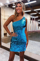 Load image into Gallery viewer, Glitter Royal Blue One Shoulder Sequins Tight Hoco Dress