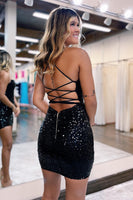Load image into Gallery viewer, Sparkly Lace-Up Black Sequins Spaghetti Straps Tight Short Graduation Dresses