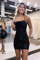 Load image into Gallery viewer, Sparkly Lace-Up Black Sequins Spaghetti Straps Tight Short Graduation Dresses