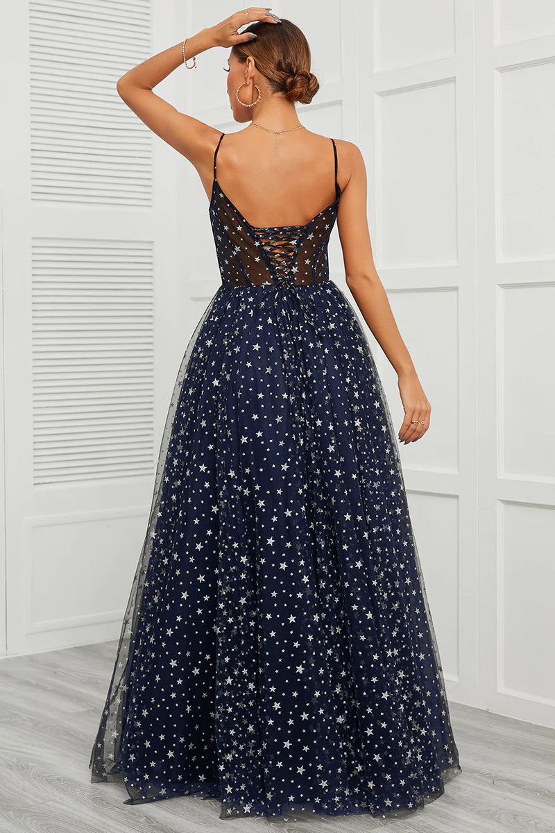 Load image into Gallery viewer, Spaghetti Straps Navy Long Prom Dress with Star