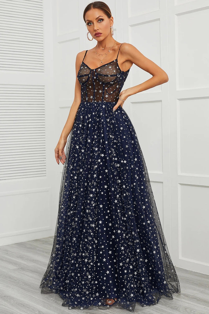Load image into Gallery viewer, Spaghetti Straps Navy Long Prom Dress with Star