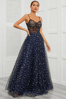 Load image into Gallery viewer, Spaghetti Straps Navy Long Prom Dress with Star
