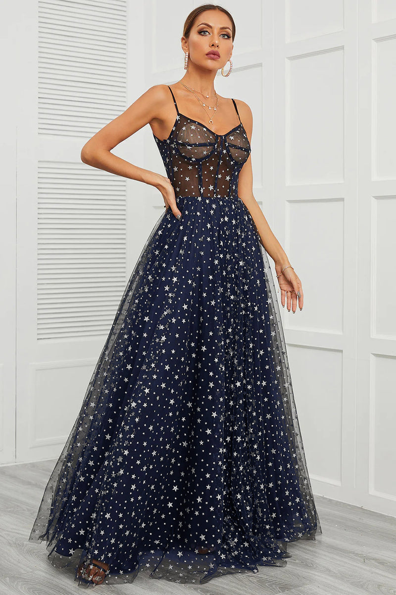 Load image into Gallery viewer, Spaghetti Straps Navy Long Prom Dress with Star