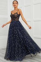 Load image into Gallery viewer, Spaghetti Straps Navy Long Prom Dress with Star