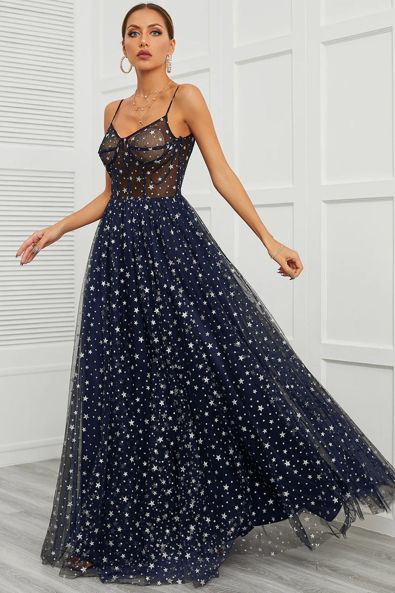 Load image into Gallery viewer, Spaghetti Straps Navy Long Prom Dress with Star