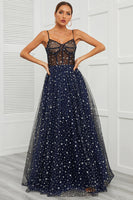 Load image into Gallery viewer, Spaghetti Straps Navy Long Prom Dress with Star