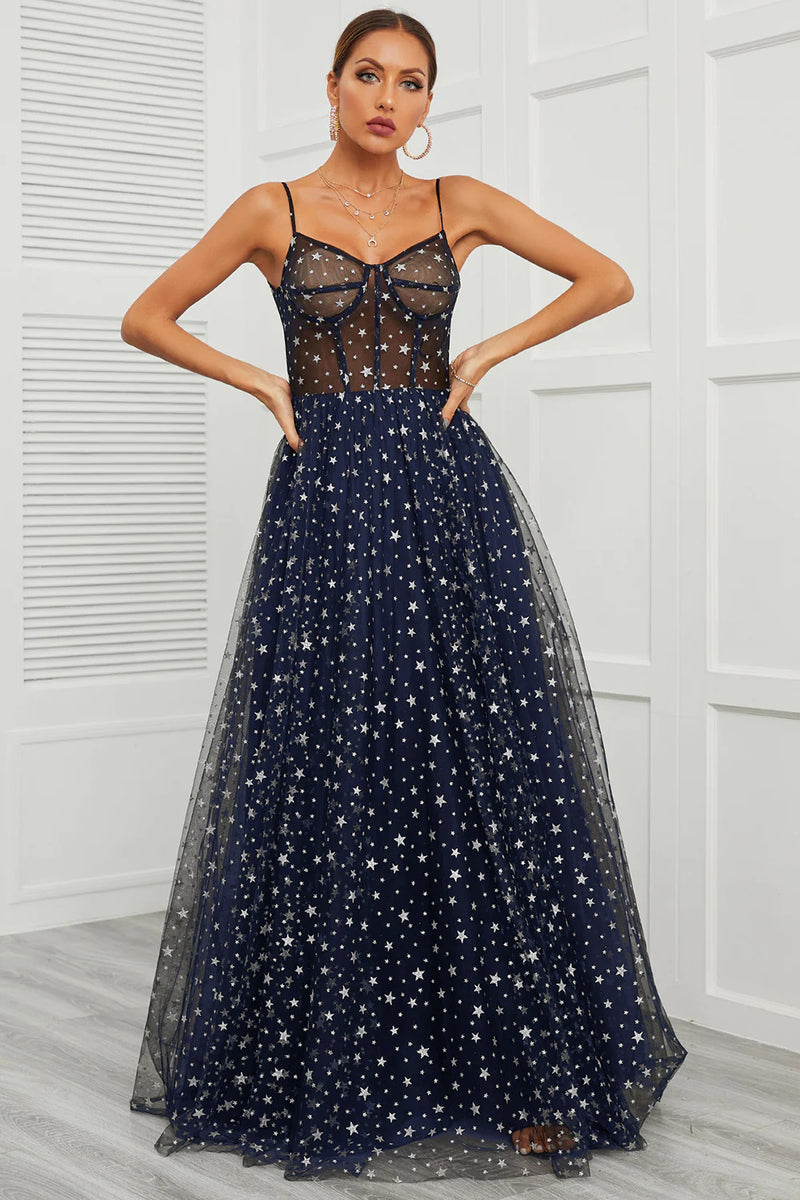 Load image into Gallery viewer, Spaghetti Straps Navy Long Prom Dress with Star