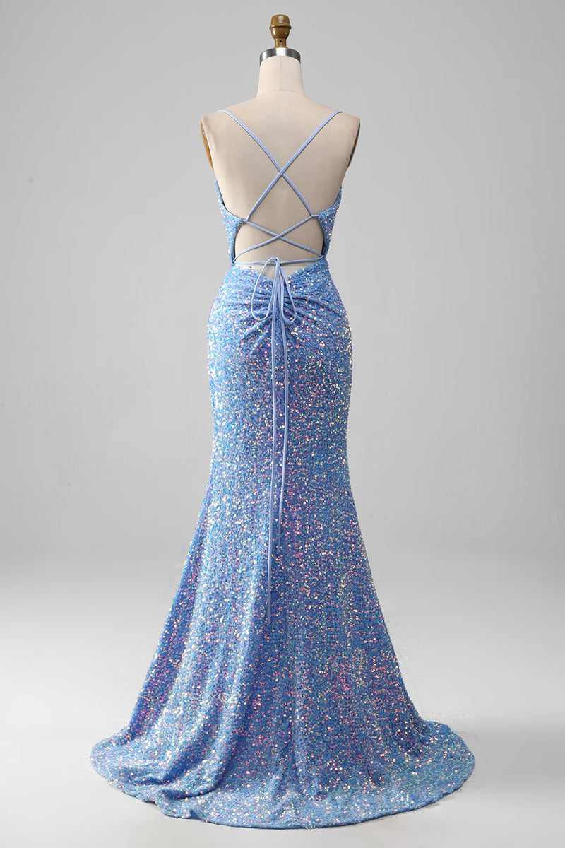 Load image into Gallery viewer, Sparkly Sequins Mermaid Light Blue Prom Dress with Slit